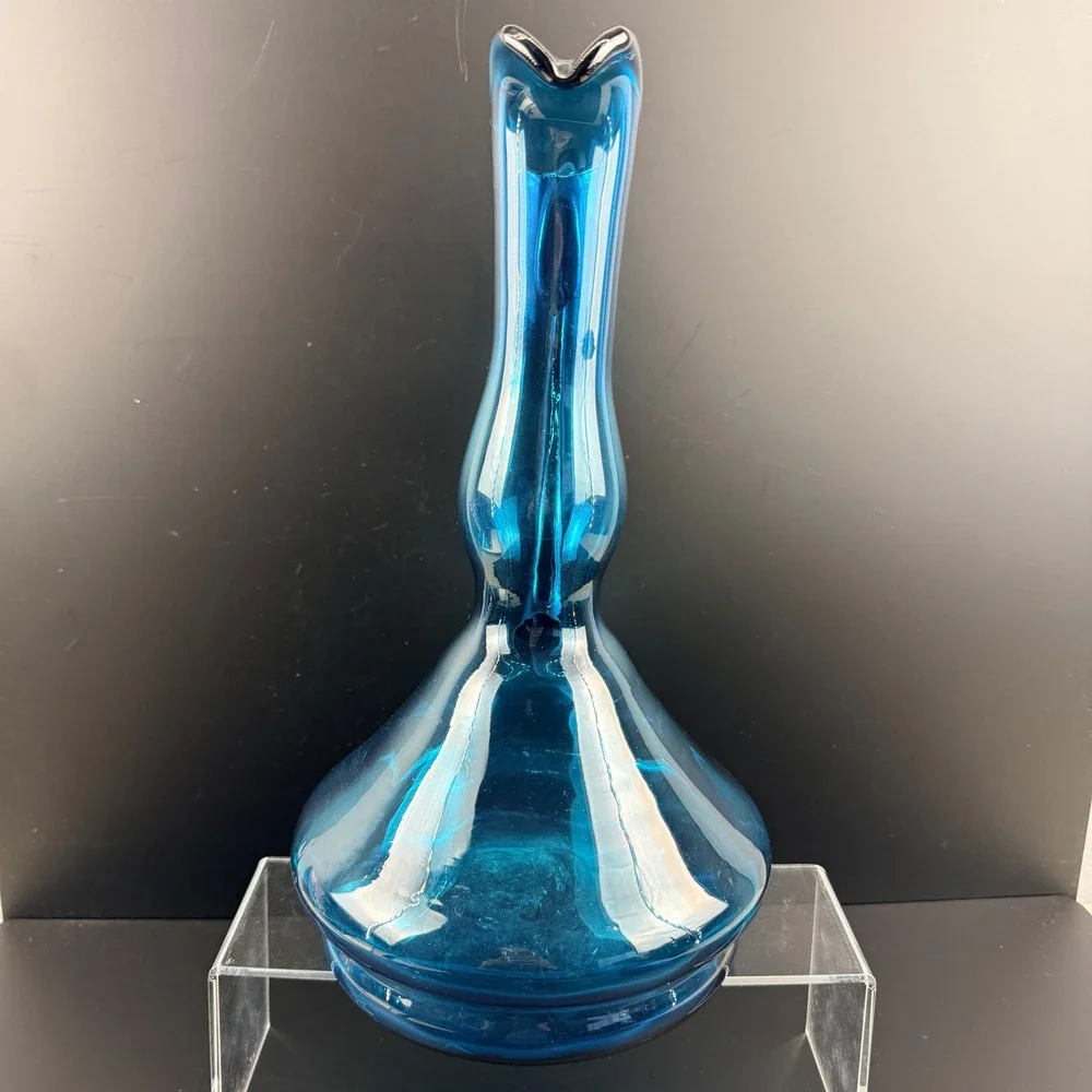 Vintage Blue Art Glass Pitcher Hand Blown 13